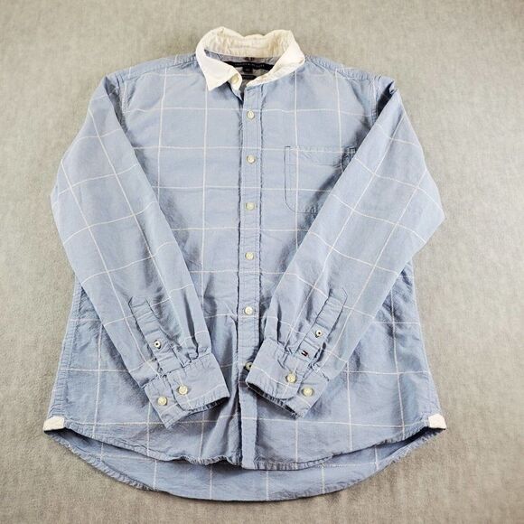 Tommy Hilfiger Shirt Mens Large Blue Square Stitch Custom Fit Button Up - Picture 1 of 8